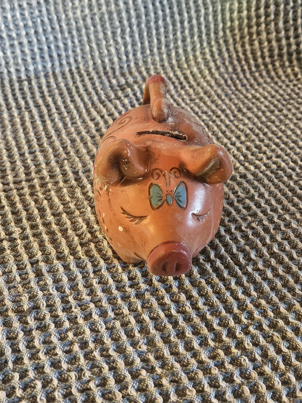 MCM Terracotta Piggy Bank with Blue Accent